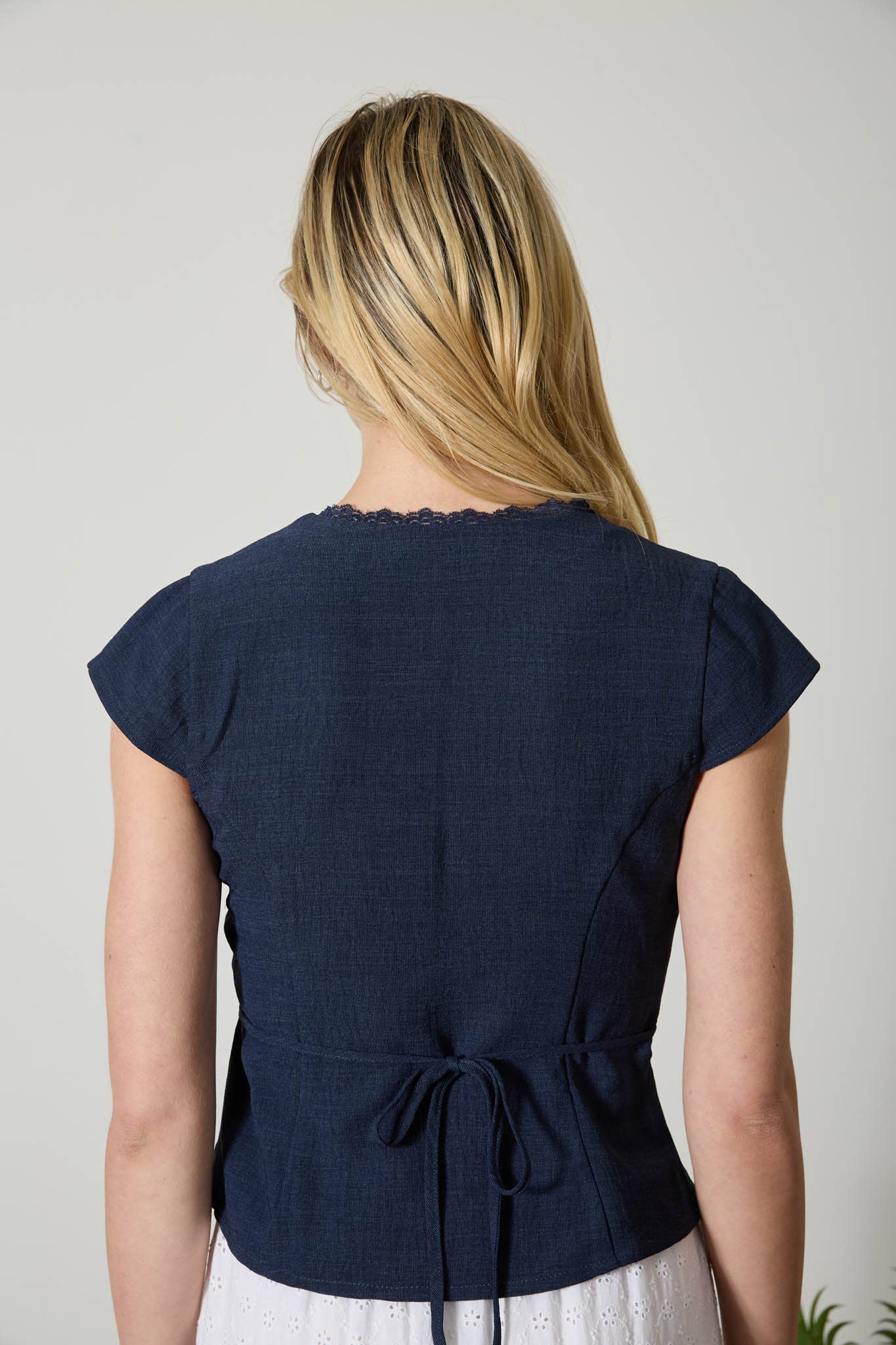 V NECK LACE TRIM BUTTON DOWN BLOUSE