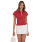 PinStripe Button-Up Ruffle Top in Red