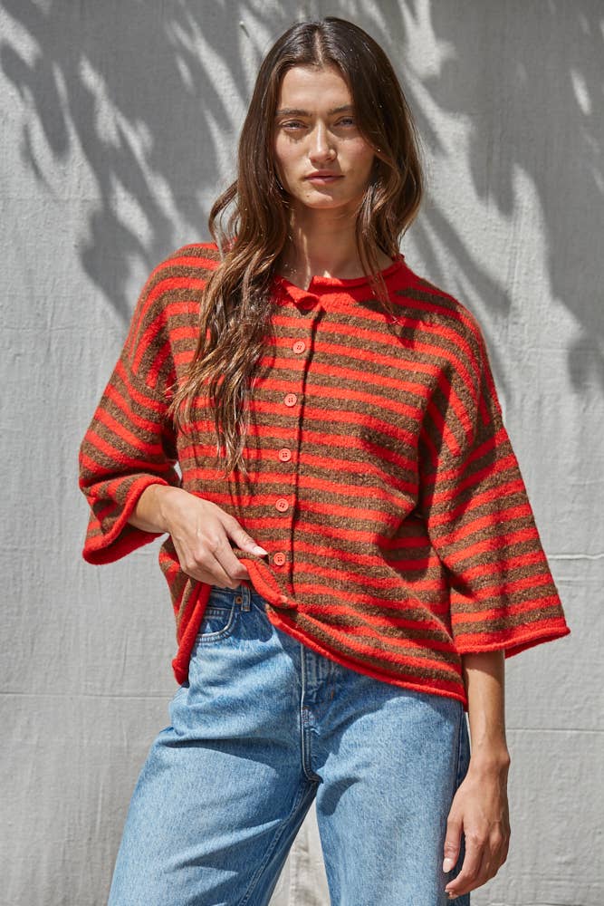 Knit Sweater Striped Quarter Sleeve Cardigan