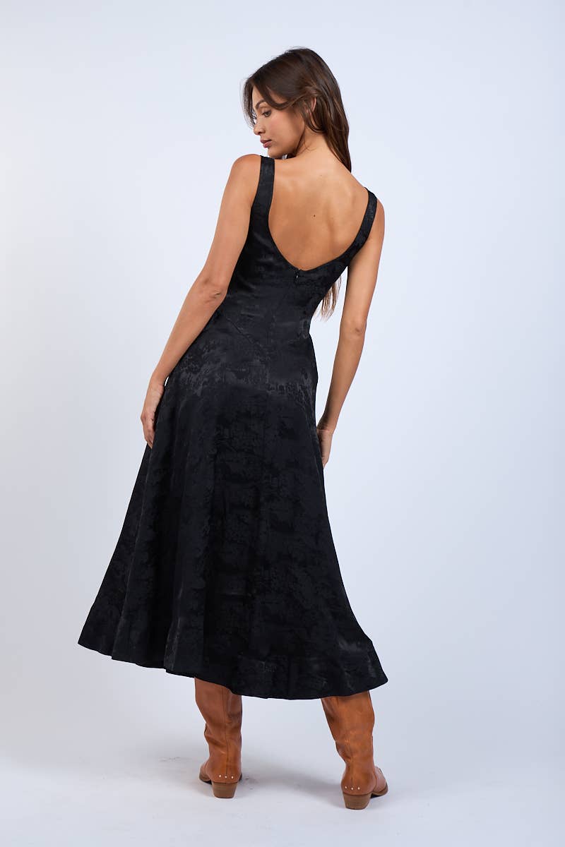 Satin Foral U-Shape Boat Neck Flare Midi Dress