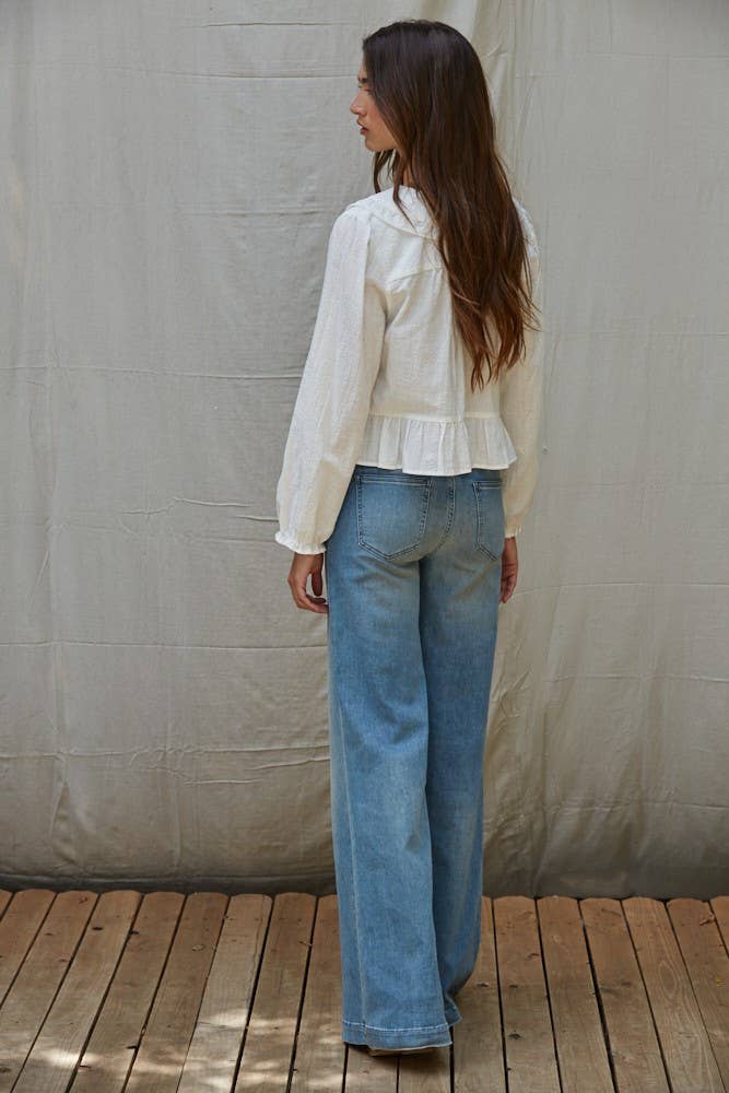 Woven Cotton Collar V-Neck Long Sleeve Blouse