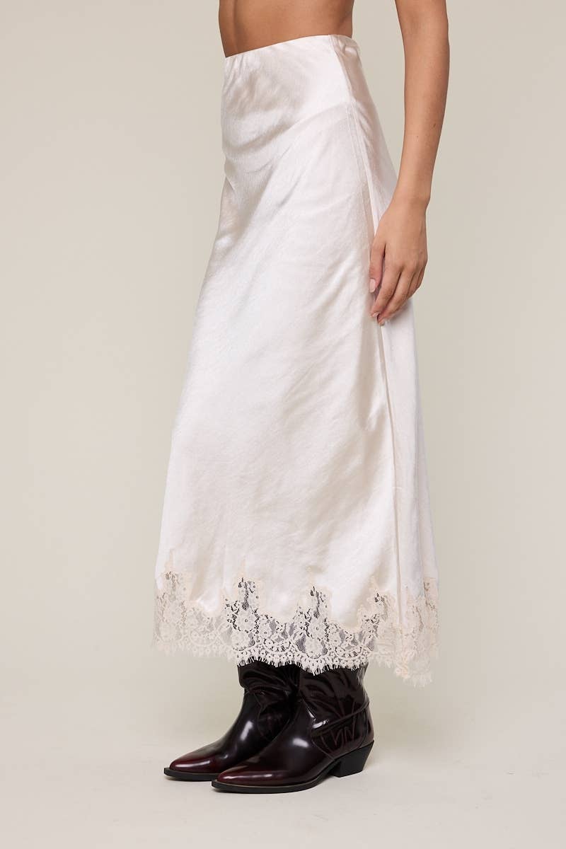 Satin Mono Tone Elastic Waist Lace Midi Skirt