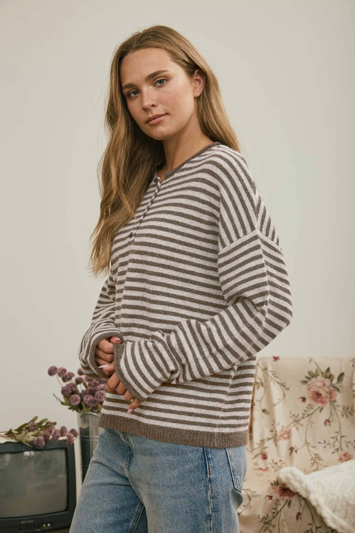 Henley Striped Sweater