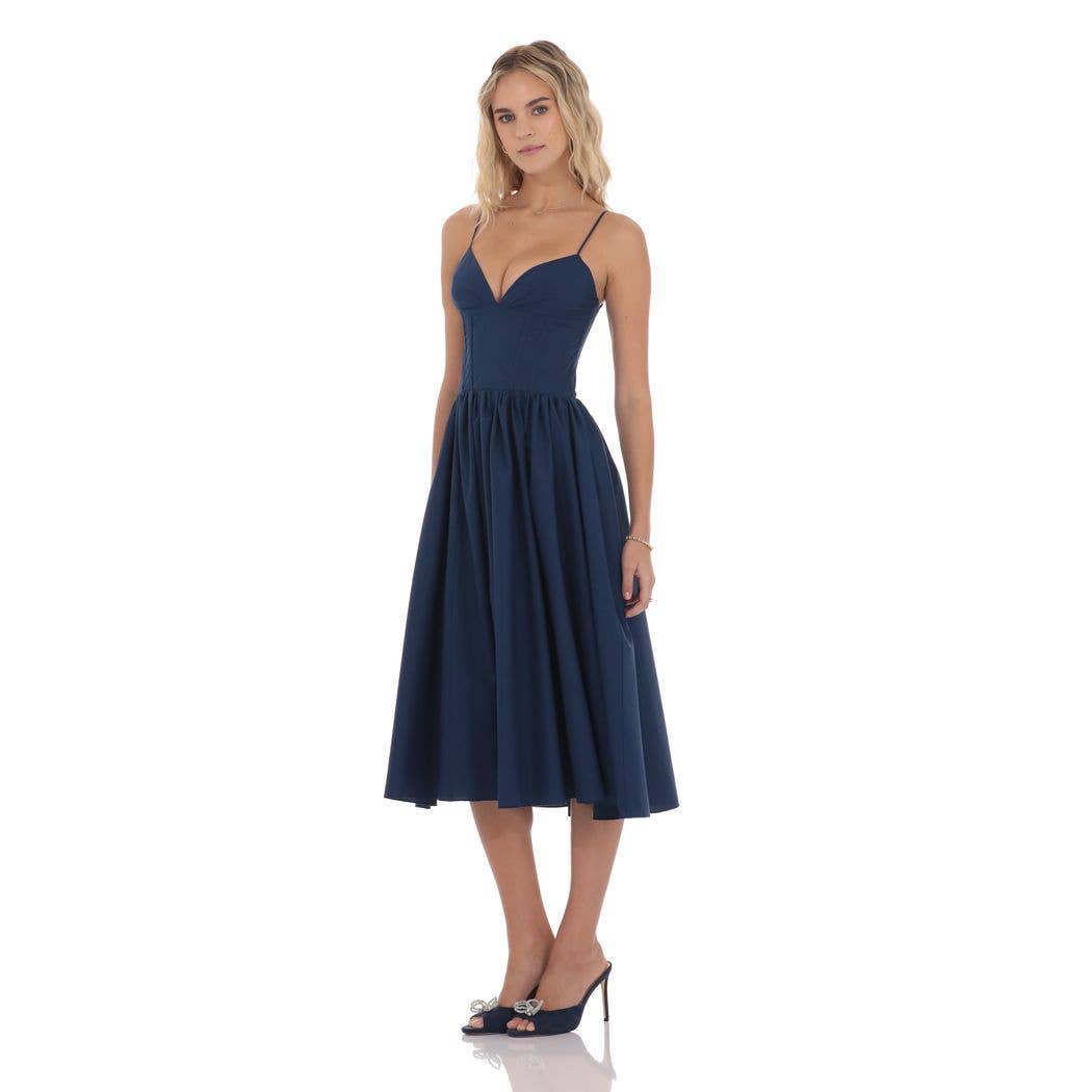Corset V-Neck Midi Dress in Navy