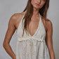 Knit Cotton Eyelet Halter Plunge V-Neck Top