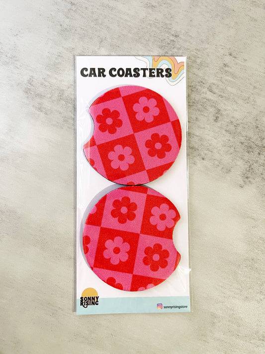 2 Car Coasters, Pink Checkered Daisy Design