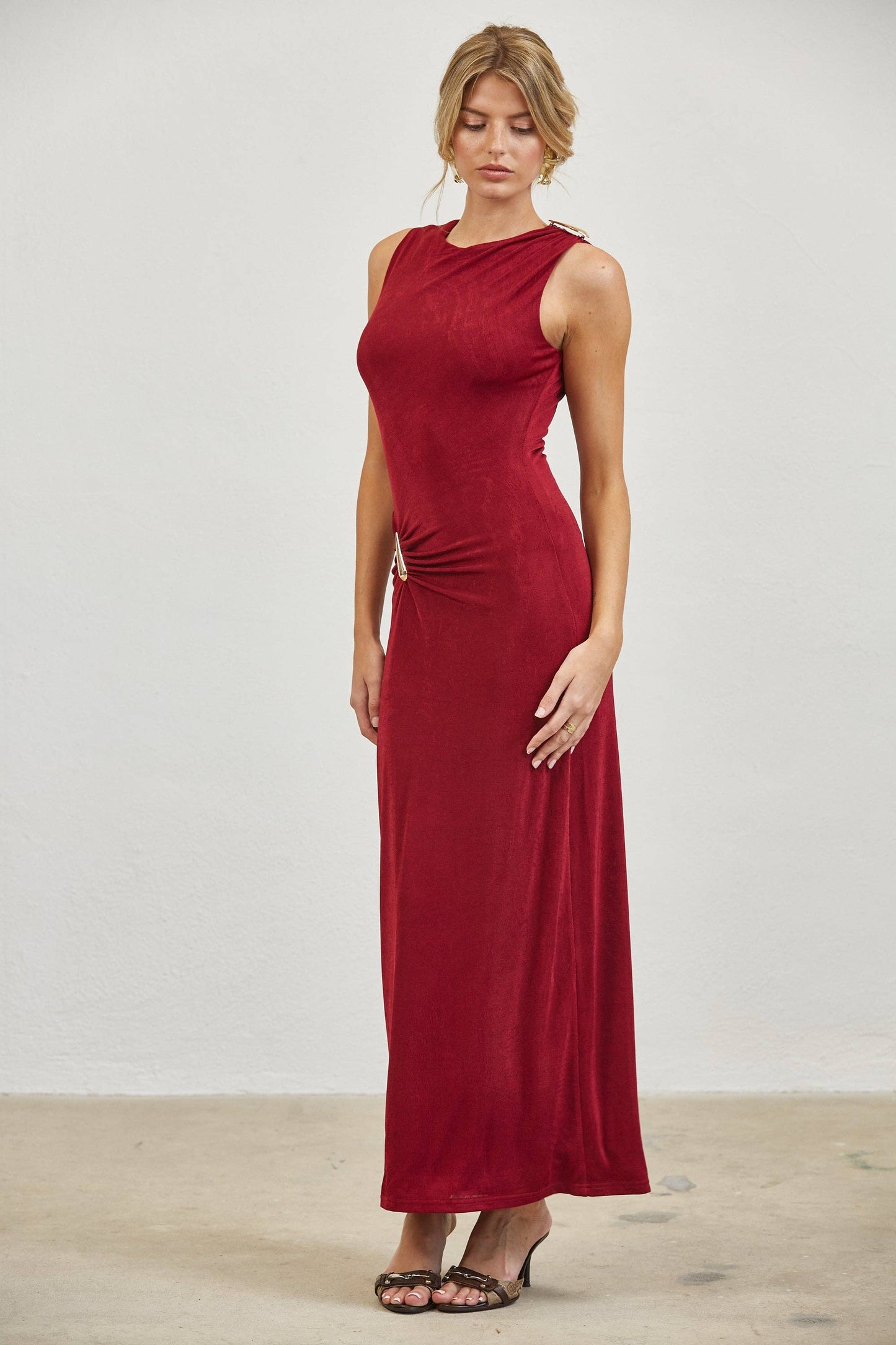 Gold Accent Ruched Slinky Maxi Dress