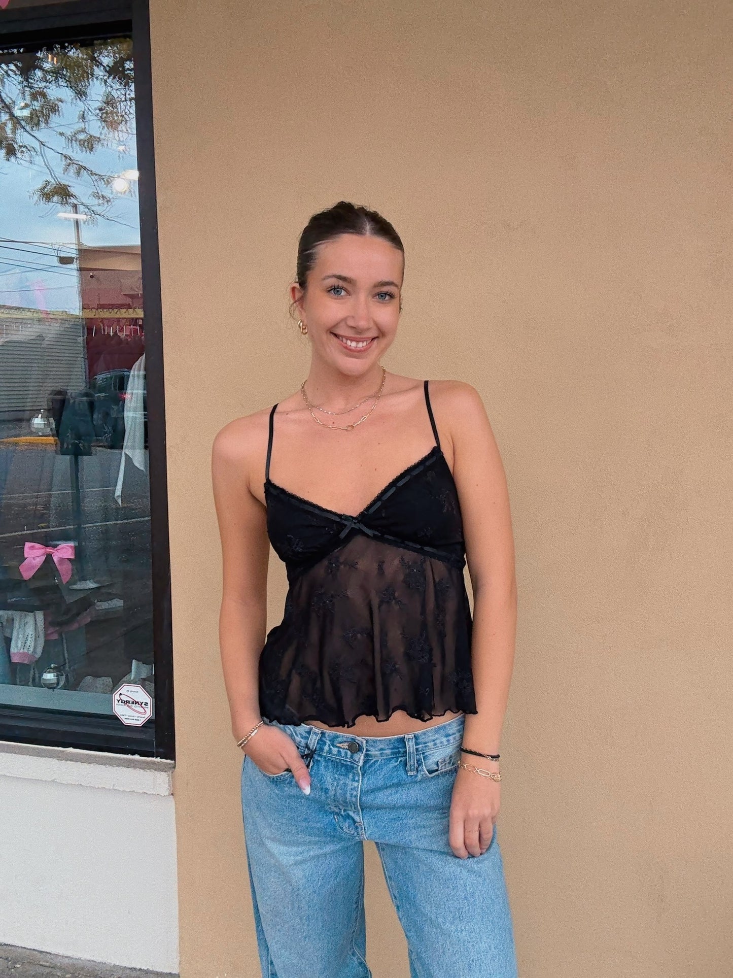 Embroidered Mesh Cami Top