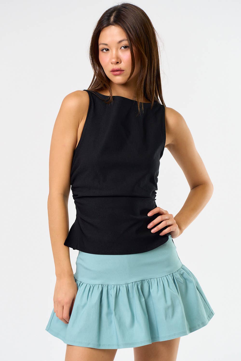 Knit Boatneck Tank with Side Ruched Detailing