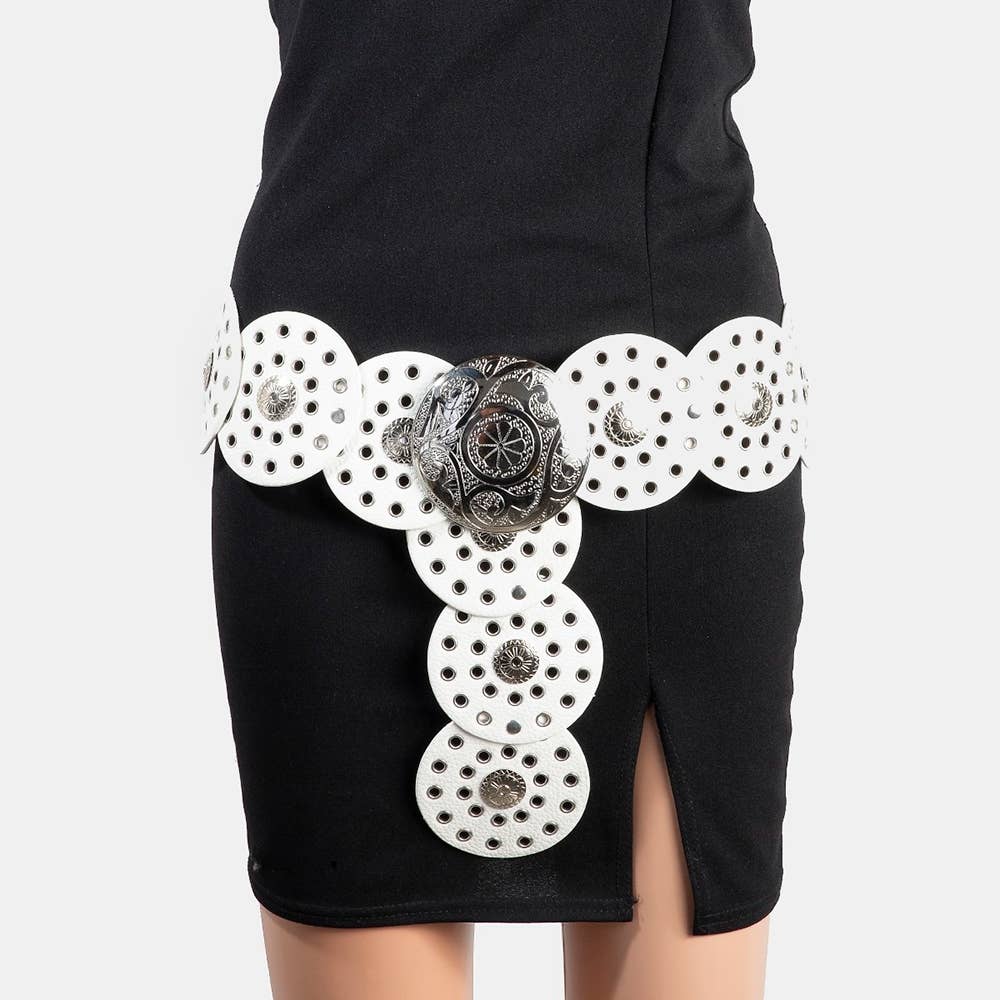 Faux Leather Grommet Disc Chain Belt