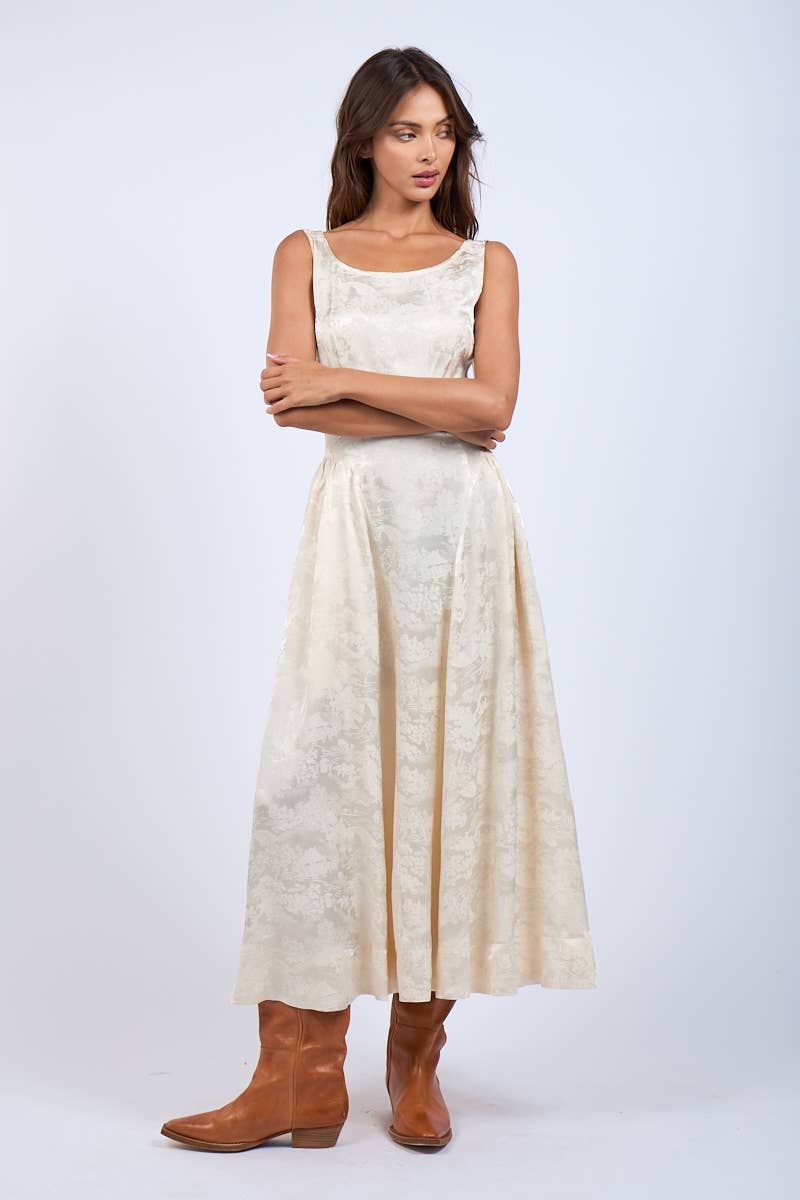 Satin Foral U-Shape Boat Neck Flare Midi Dress