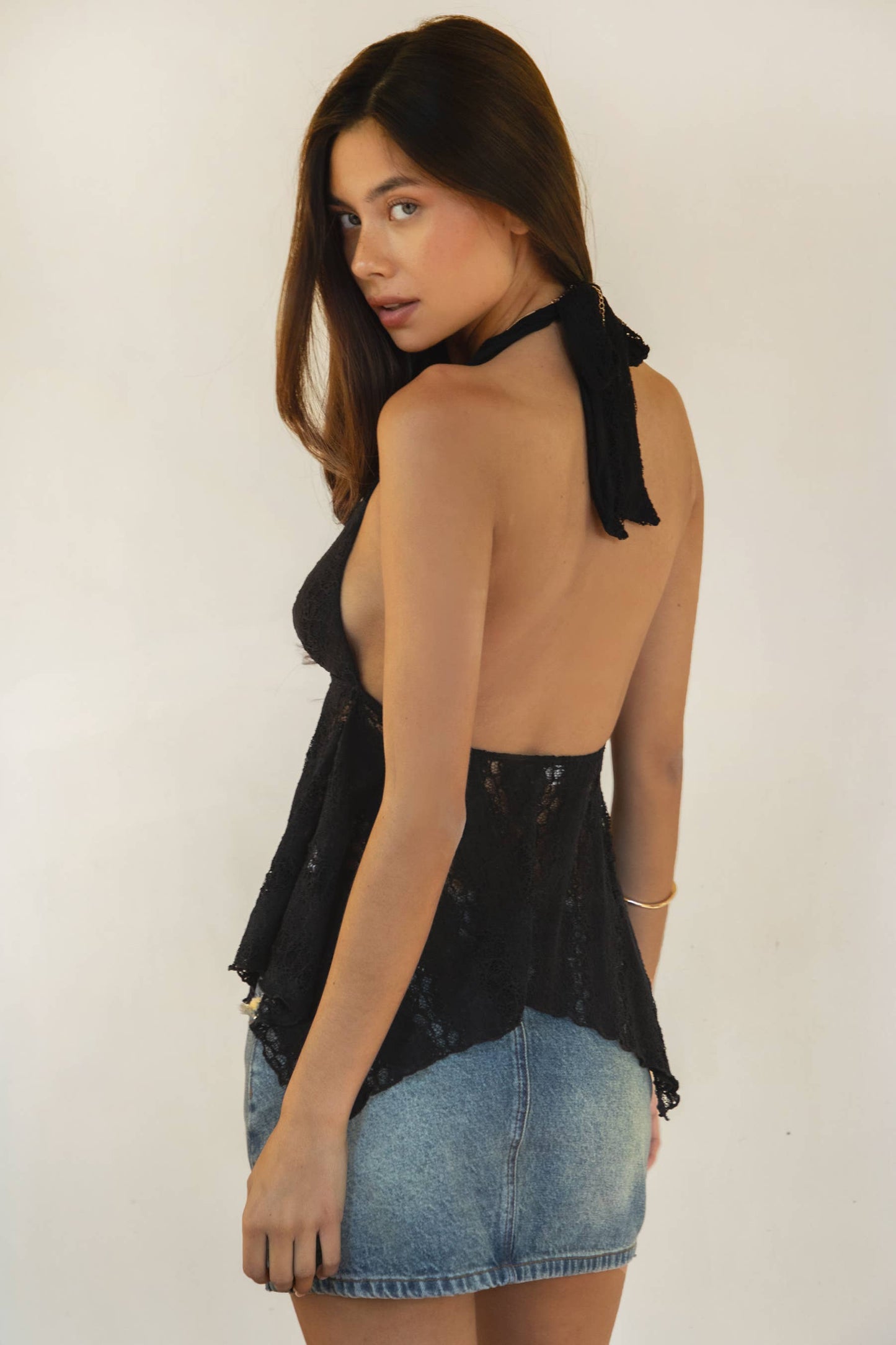Deep V-Neck Babydoll Asymmetrical Lace Halter Top