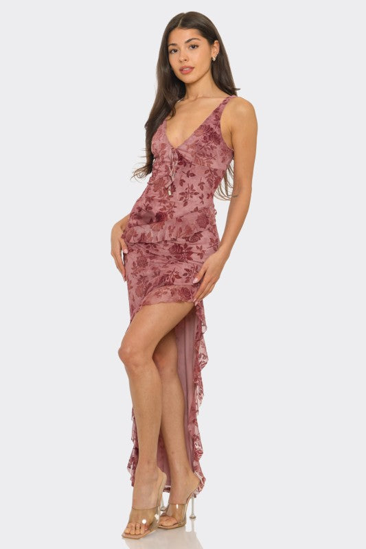 Ruffle Trim Slit Front Maxi Dress
