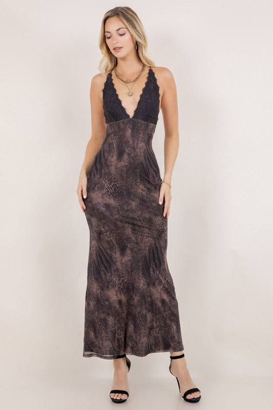 Animal Print Lace Contract Open Back Maxi Dress