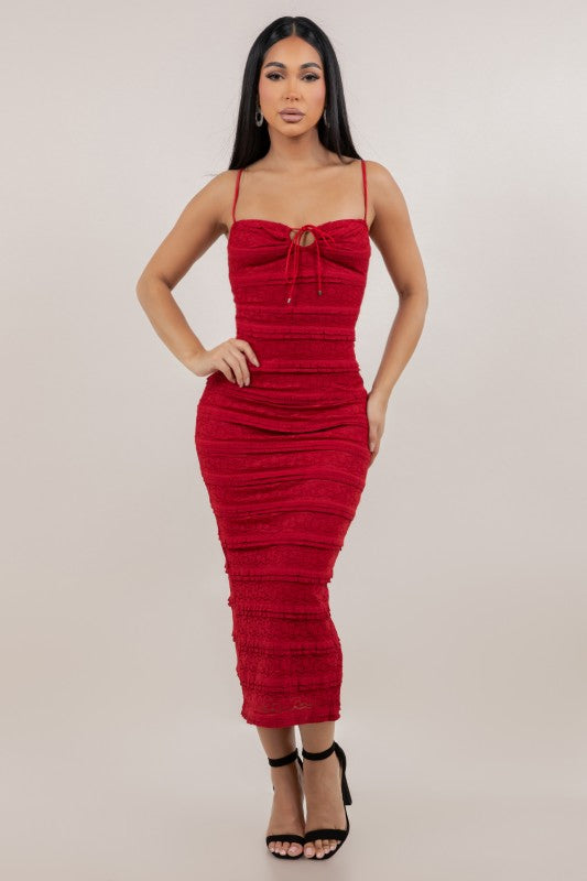 Red Ruched Bodycon Midi Dress