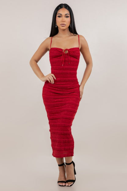 Red Ruched Bodycon Midi Dress
