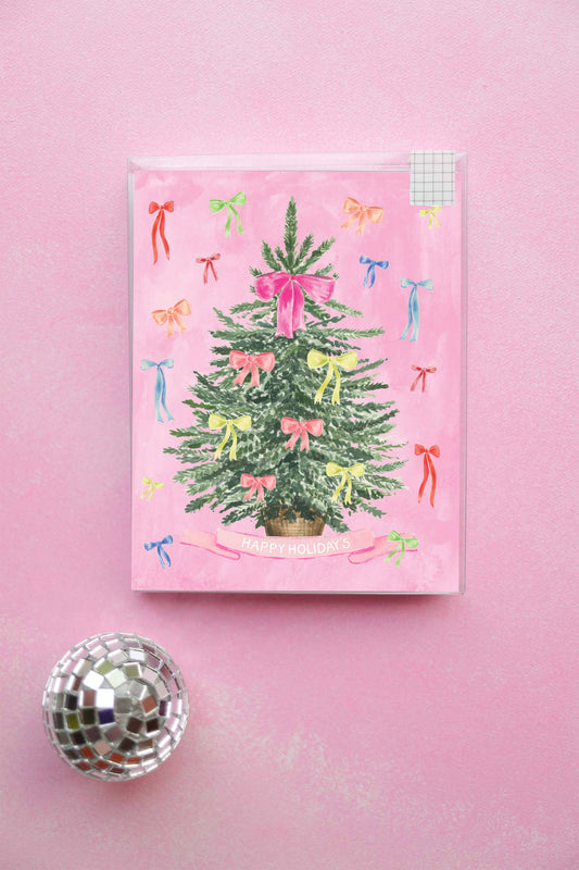 Mini holiday boxed set of cards, pink coquette bow tree