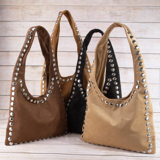 Grommet Border Studded Suede Shoulder Bag