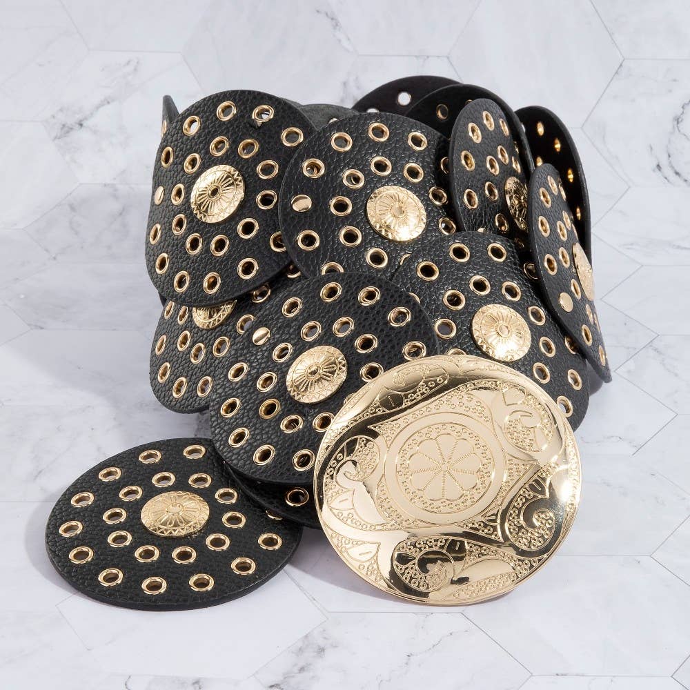 Faux Leather Grommet Disc Chain Belt