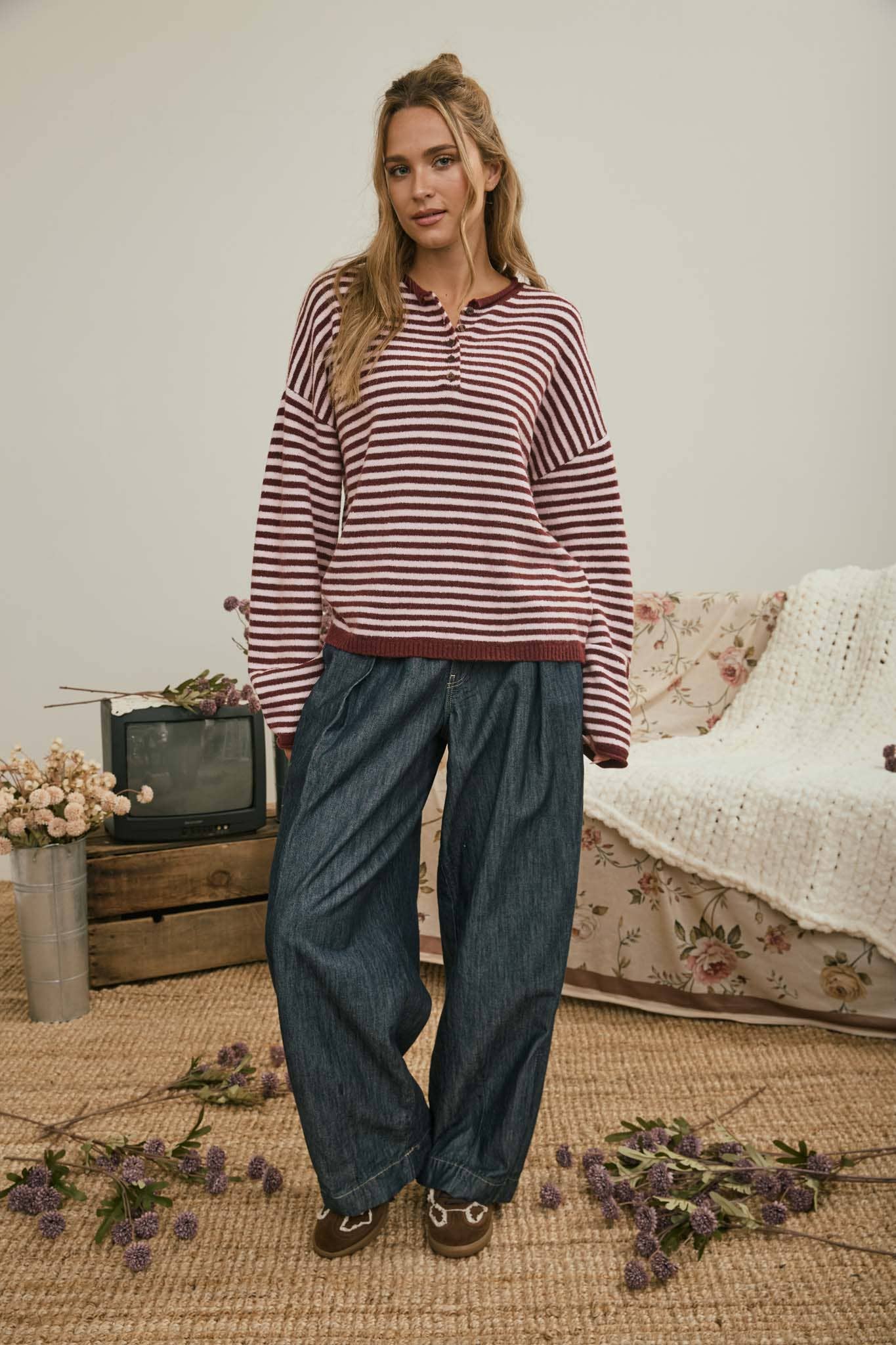 Henley Striped Sweater