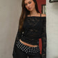 Maple Leaf Lace Boat Off-Shoulder Long Sleeve Top