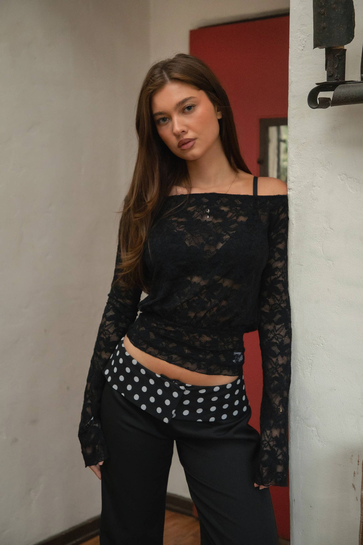 Maple Leaf Lace Boat Off-Shoulder Long Sleeve Top