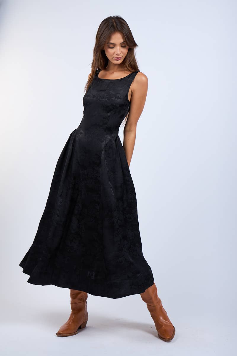 Satin Foral U-Shape Boat Neck Flare Midi Dress