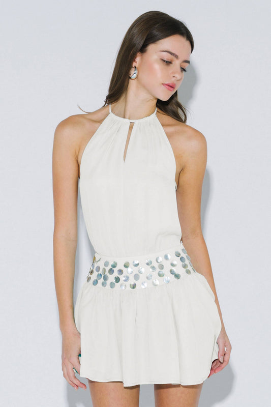 Shell Waist Halter Open Back Mini Dress