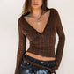 Scalloped V-Neck Long Sleeves Sheer Lace Top