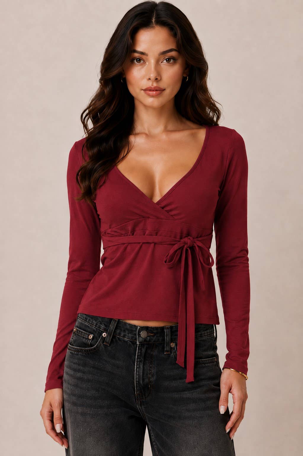 WRAP PLUNGE LONG SLEEVE TOP