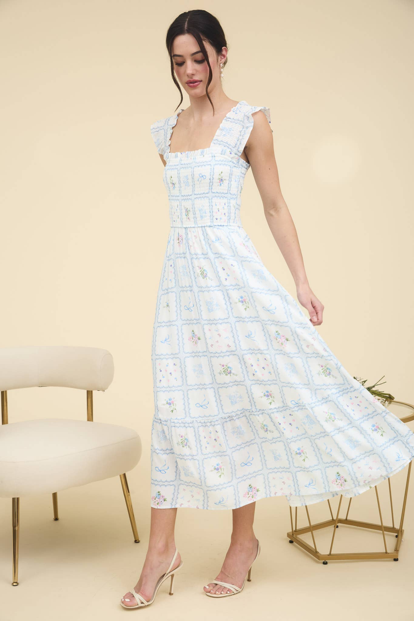 Blue Floral Square Neckline Dress