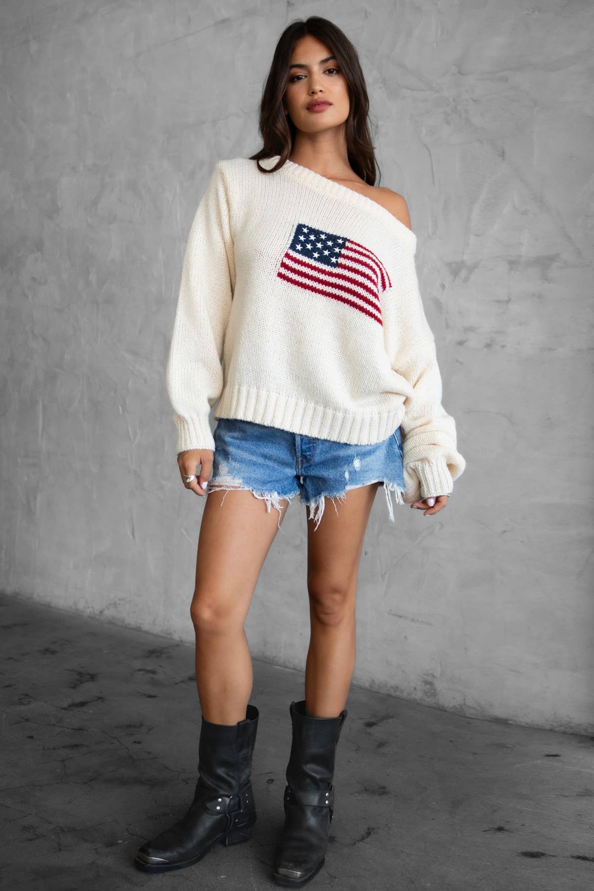 American Flag Knit Off The Shoulder Sweater