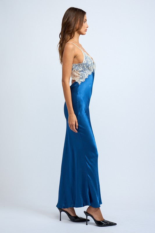 Blue Satin Maxi Dress