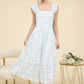Blue Floral Square Neckline Dress
