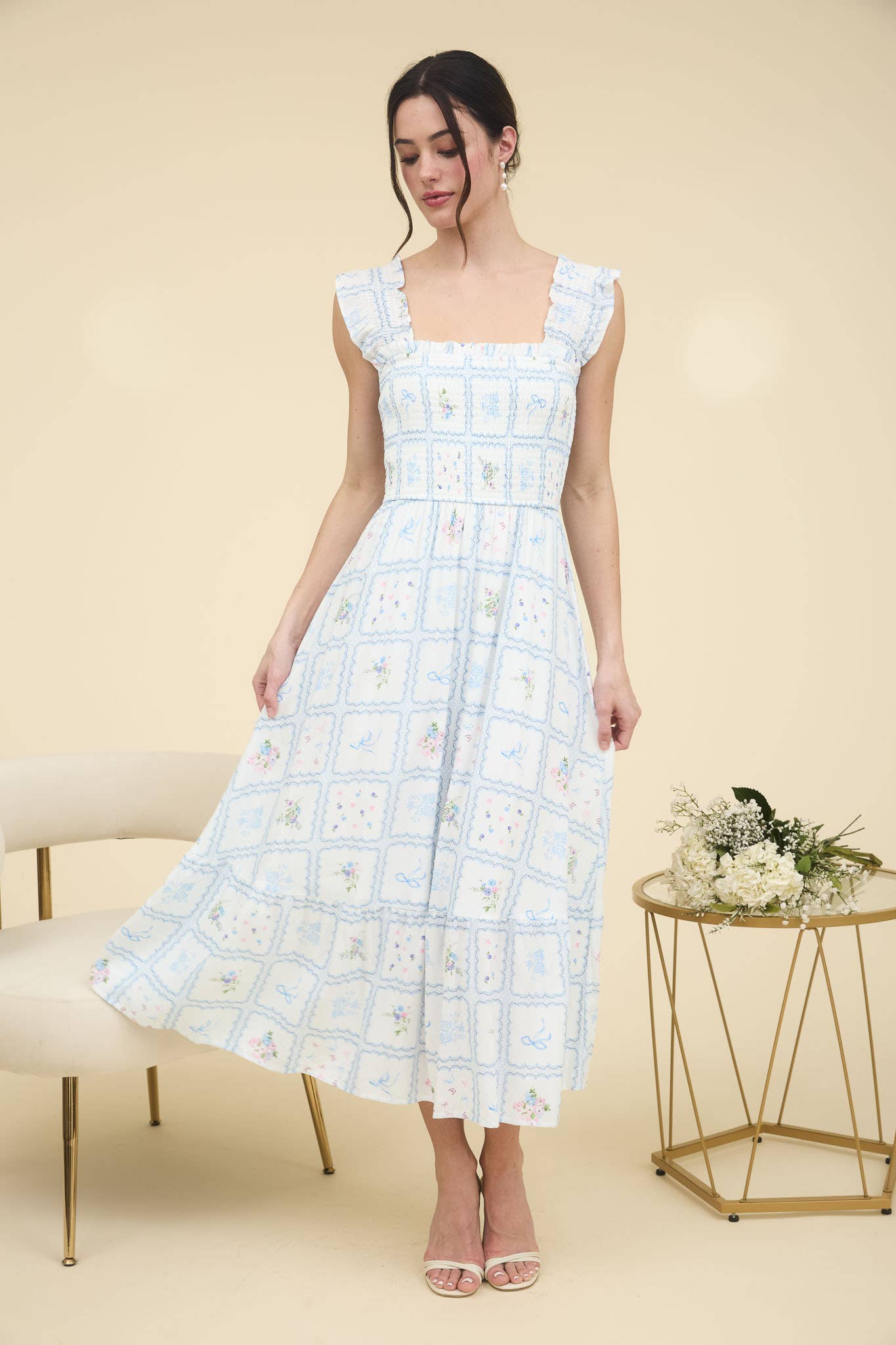 Blue Floral Square Neckline Dress