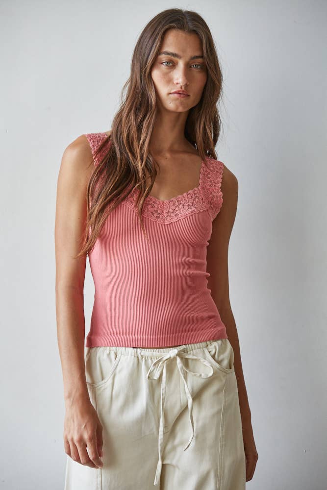 Knit Seamless Ribbed Tank Top with Lace Trim