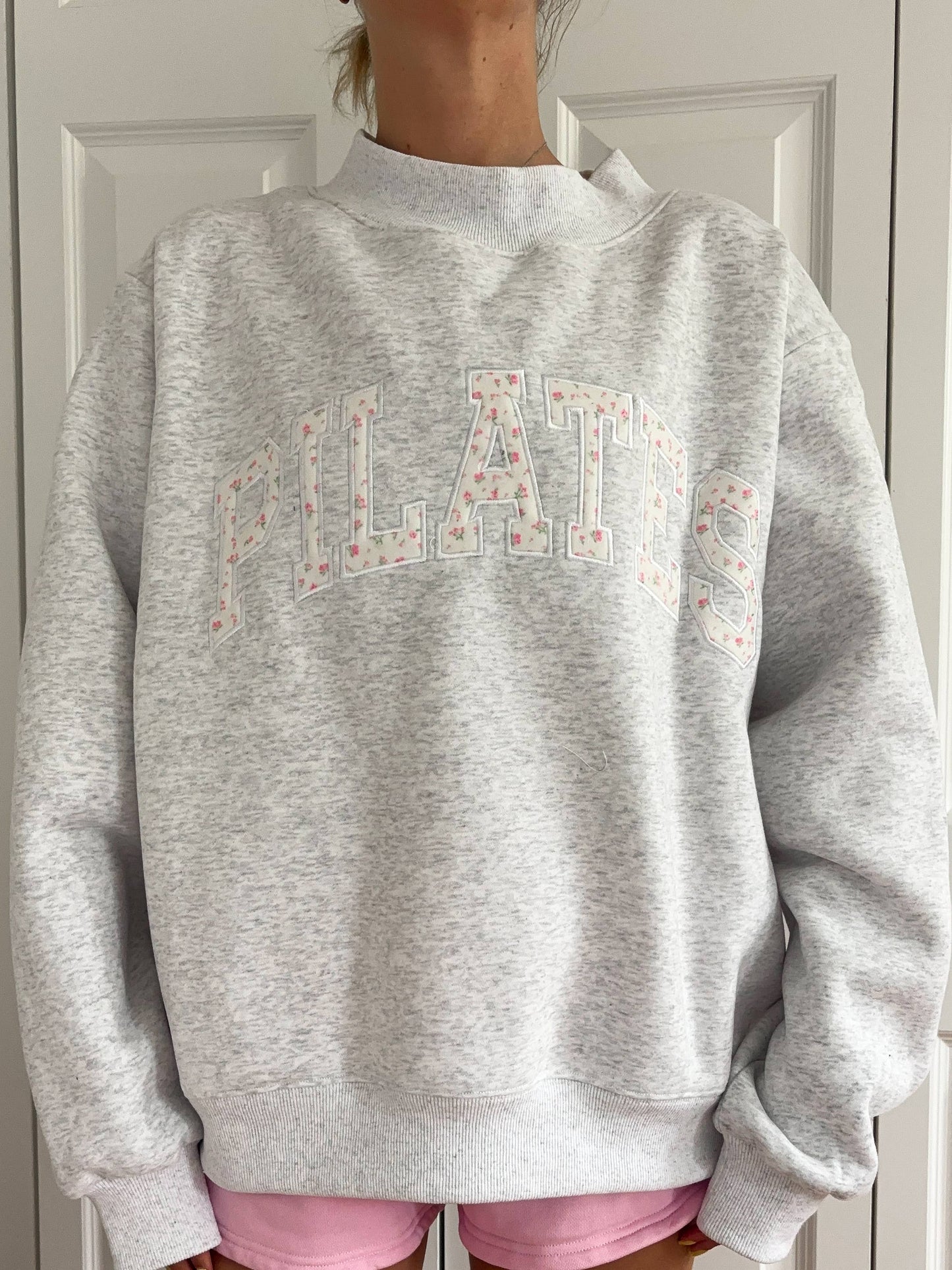 Pearl Grey Mockneck Pilates Embroider Sweatshirt