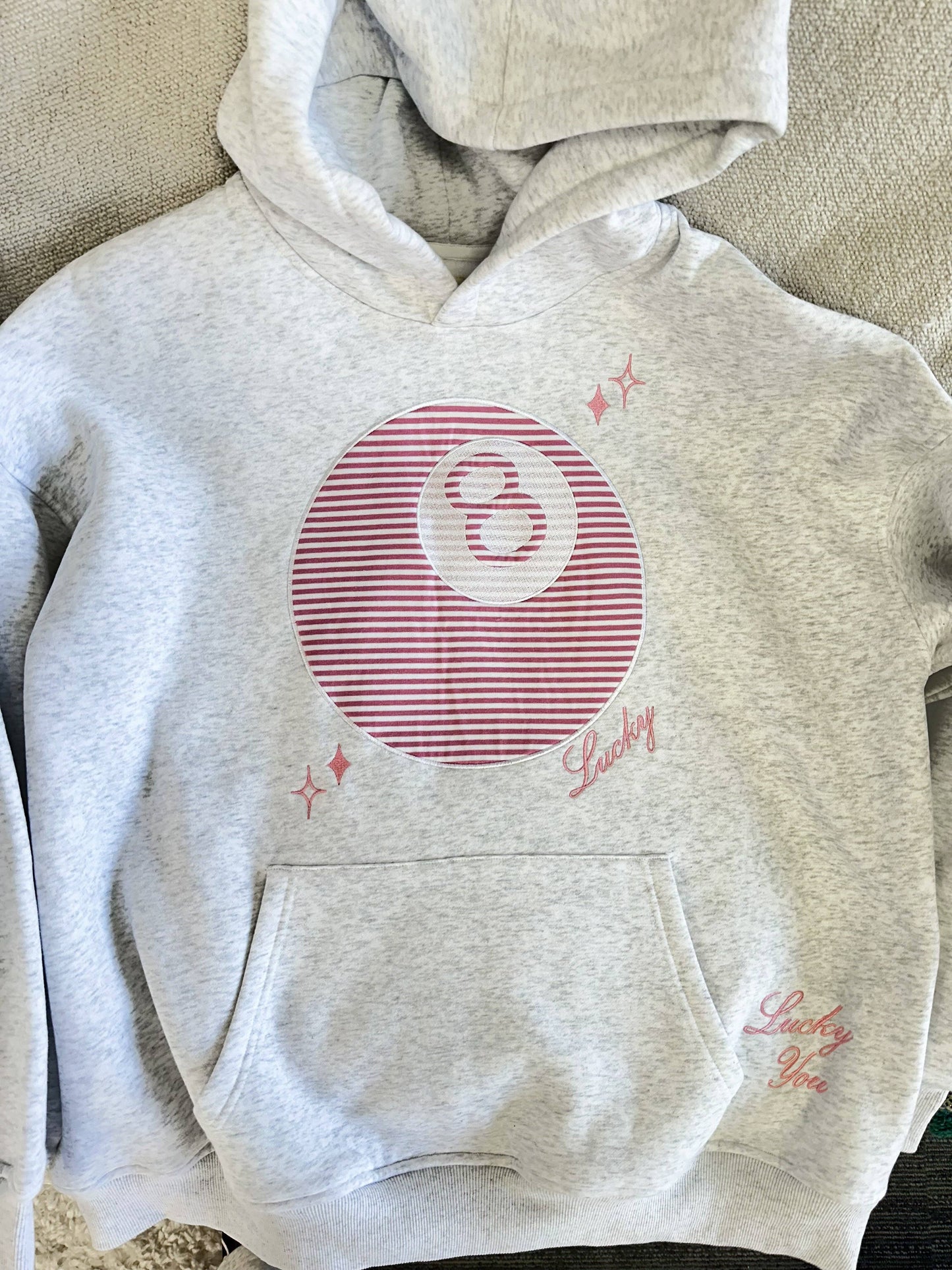 Pearl Grey Lucky You 8 Ball Embroider Hoodie