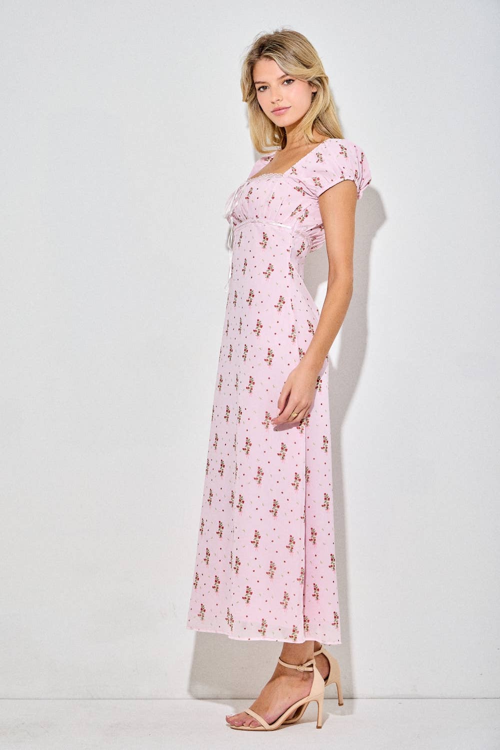 Dainty Strawberry Print Square Neck Midi Dress