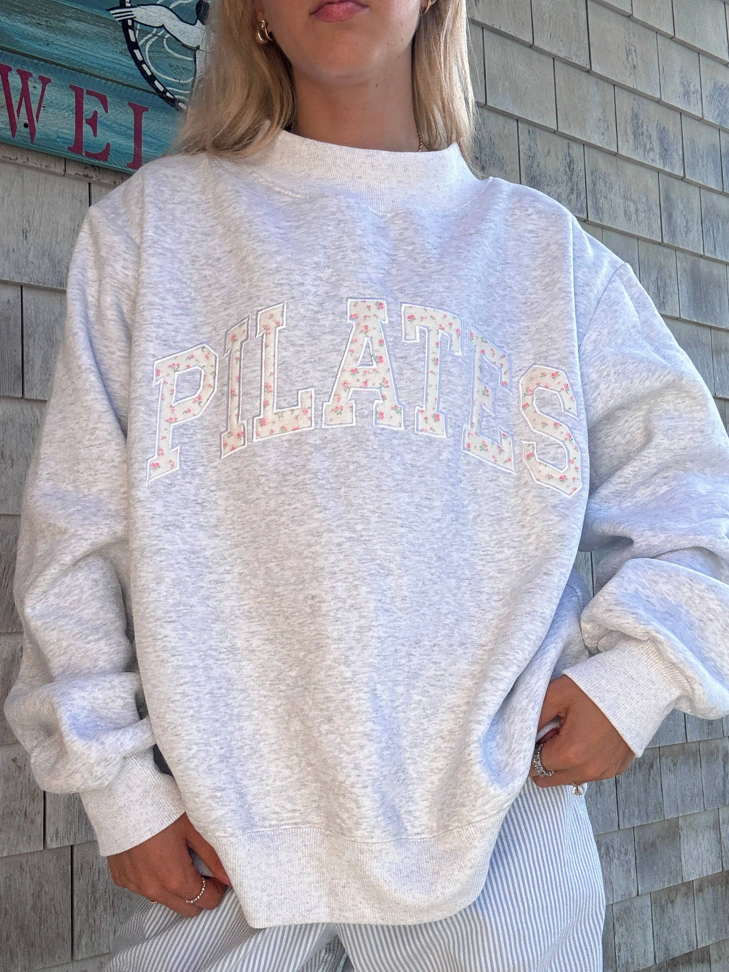 Pearl Grey Mockneck Pilates Embroider Sweatshirt