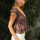 V-Neck Boho Lace Trim Puff Sleeves Babydoll Top