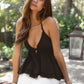 Frayed Hem Deep V-Neck Halter Neck Open Back Top