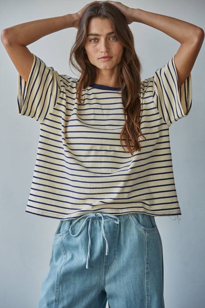 Cotton Striped Short Sleeve Crew Neck Top