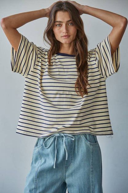 Cotton Striped Short Sleeve Crew Neck Top