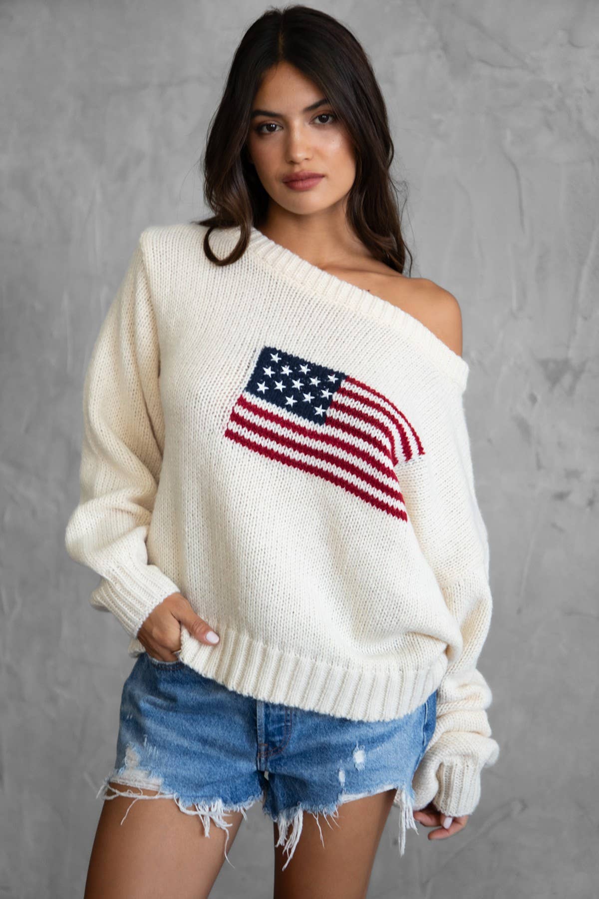 American Flag Knit Off The Shoulder Sweater
