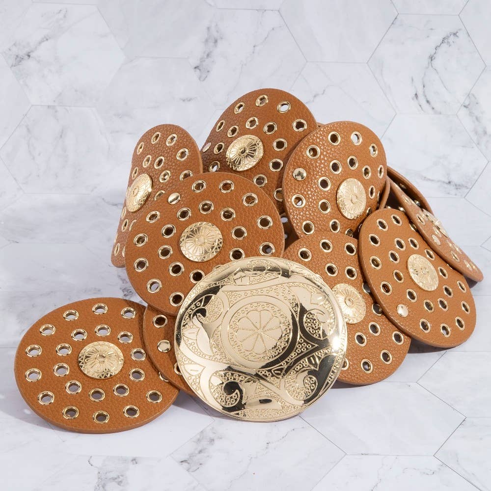 Faux Leather Grommet Disc Chain Belt