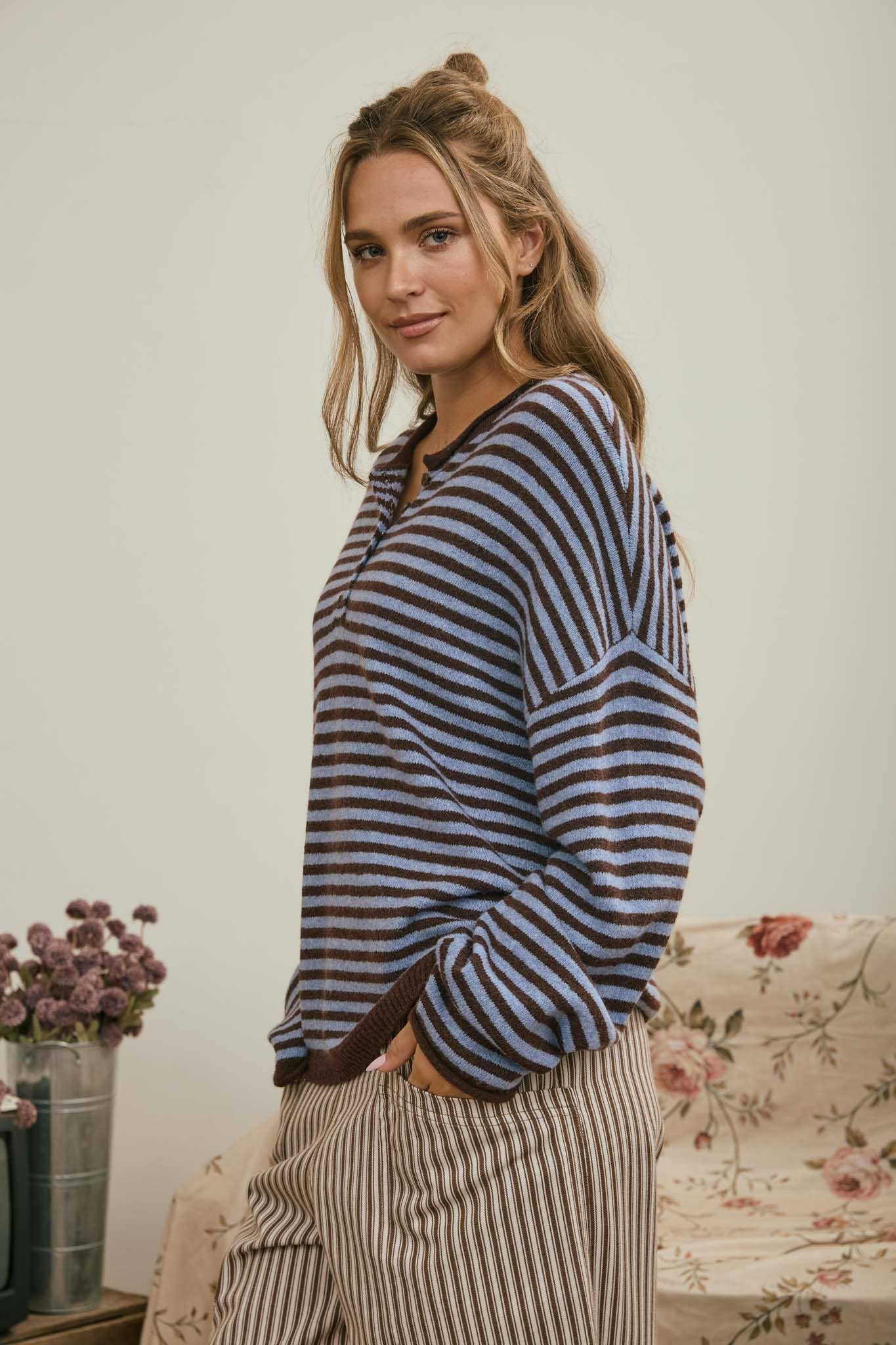Henley Striped Sweater