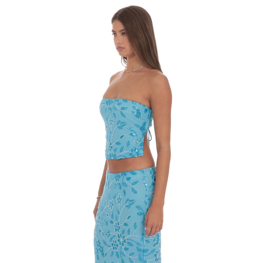 Strapless Beaded Floral Top in Aqua Blue