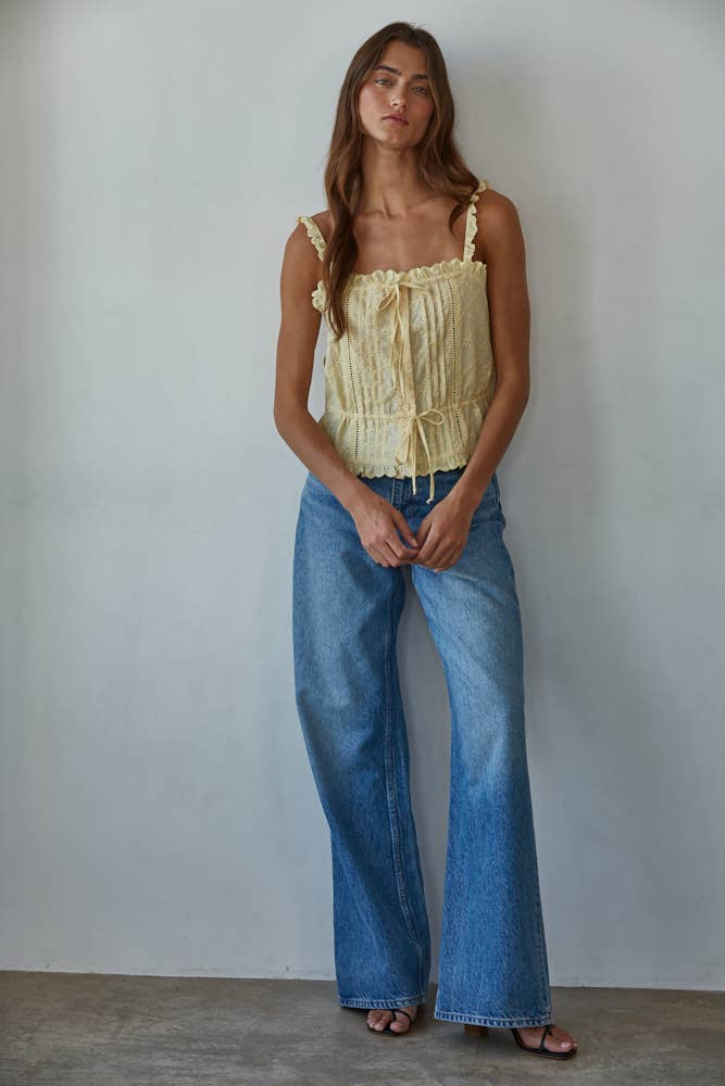 Woven Eyelet Button Down Square Neck Top