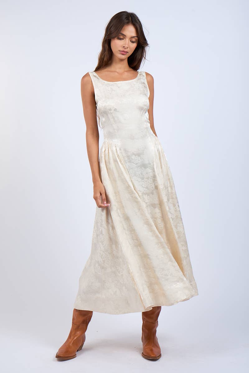 Satin Foral U-Shape Boat Neck Flare Midi Dress